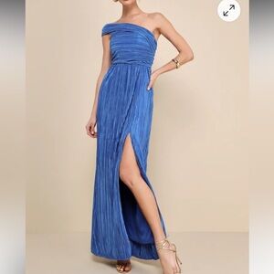 Lulus Poised Performance Blue Plisse One-Shoulder Maxi Dress